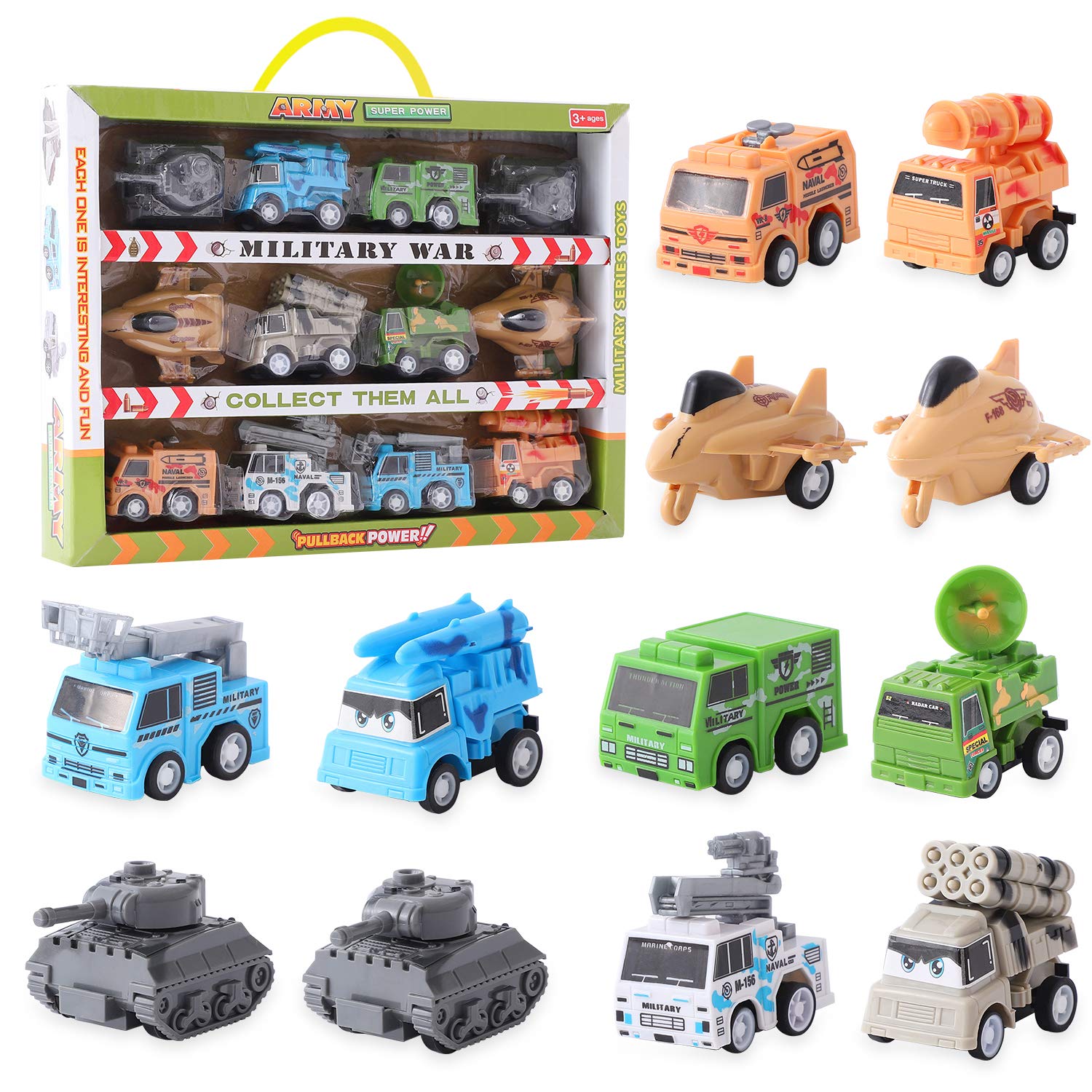 Herefun Mini Toy Car set, Pull Back Cars, Construction / Truck / Police Car/ Vehicles Toys / Ambulance Car / Jeep / for Boys or Girls over 3 Years Old (Army Car)
