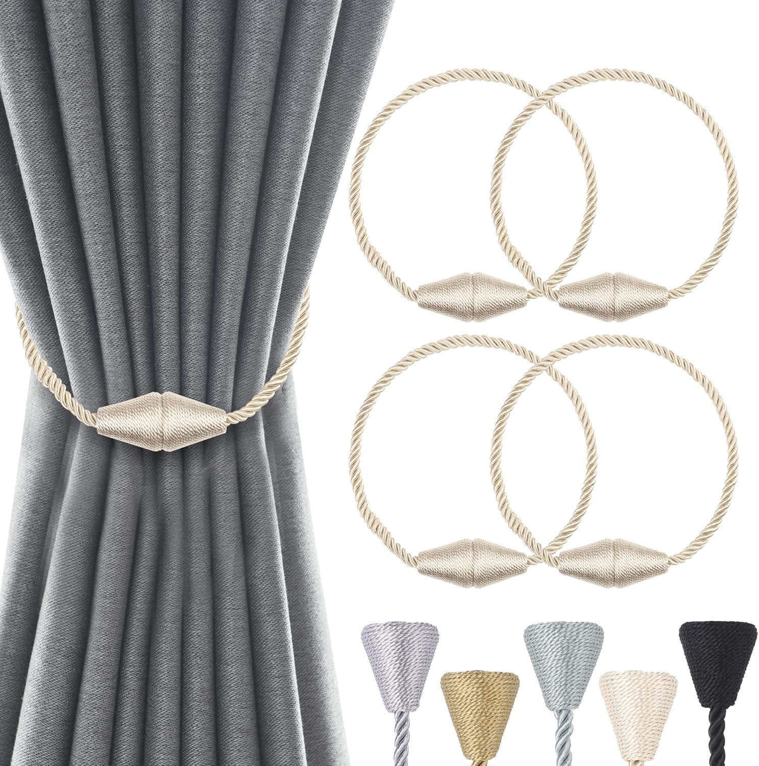 Window Treatment Hardware - Groleca 4 Pack Magnetic Curtain Tiebacks Curtain Holdbacks Curtain Ties Curtain Pull Backs Modern Rope Tiebacks Drapery Holdbacks Tie Backs for Curtains (Beige,Cone-4 PCS)
