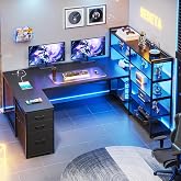 SEDETA 64.5" Reversible L Shaped Gaming Desk with Storage Drawers, Shelves | U Shaped Corner Computer Desk with 3 Fabric Drawers, Power Outlet, LED Lights, Bookshelf for Home Office, Black