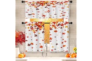 Arttown Fall Kitchen Curtains Autumn Window Curtains and Valances Set 36 Inch, Beautiful Falling Maple Leaves Short Tier Curtain, Orange Modern Small Kitchen Decor