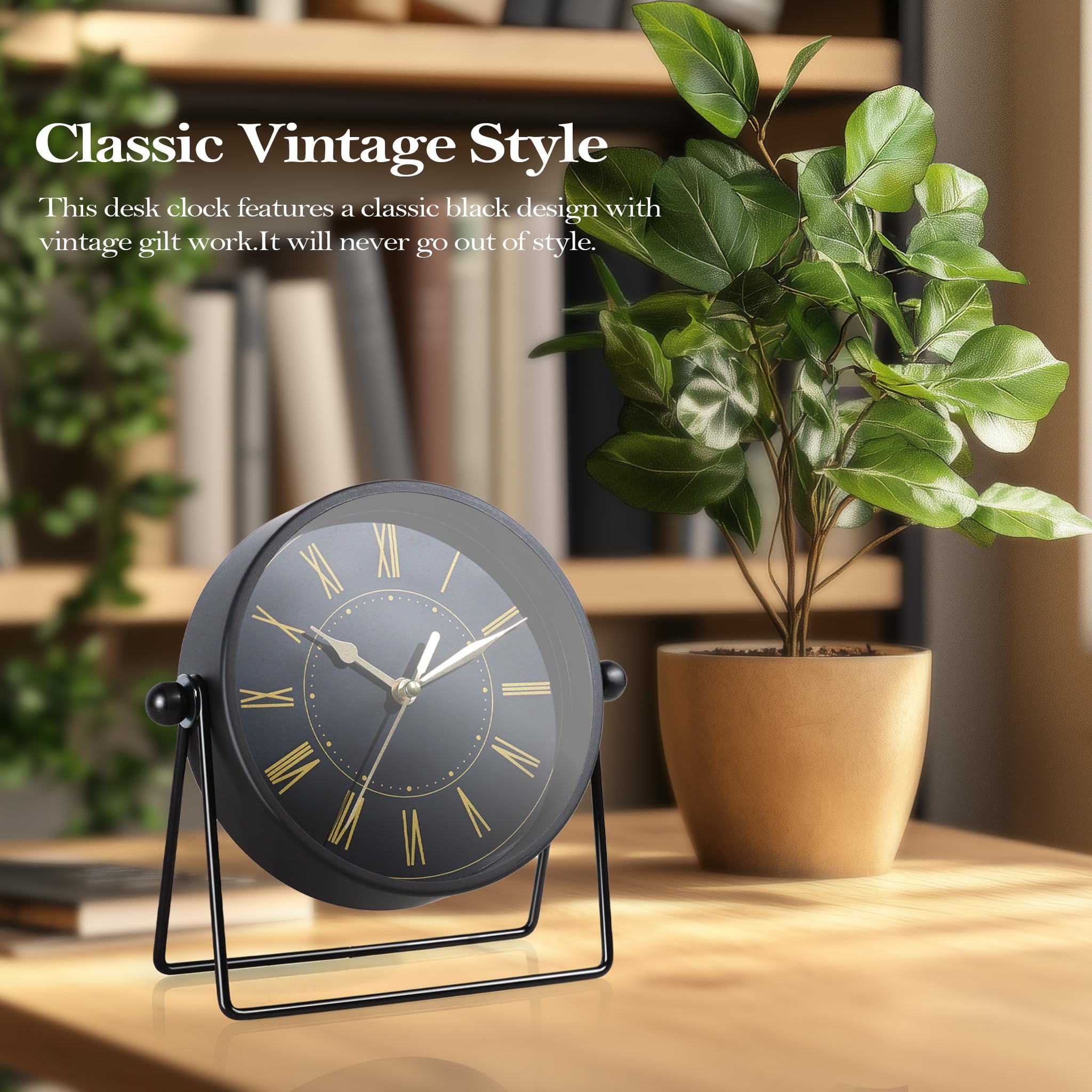 AYRELY® Vintage Metal Table Clock - Silent Non-Ticking Mantel Clock with Adjustable Angle, Retro Style Analogue Grandfather Clock for Living Room, Shelf, Fireplace & Office (Black/Gold)