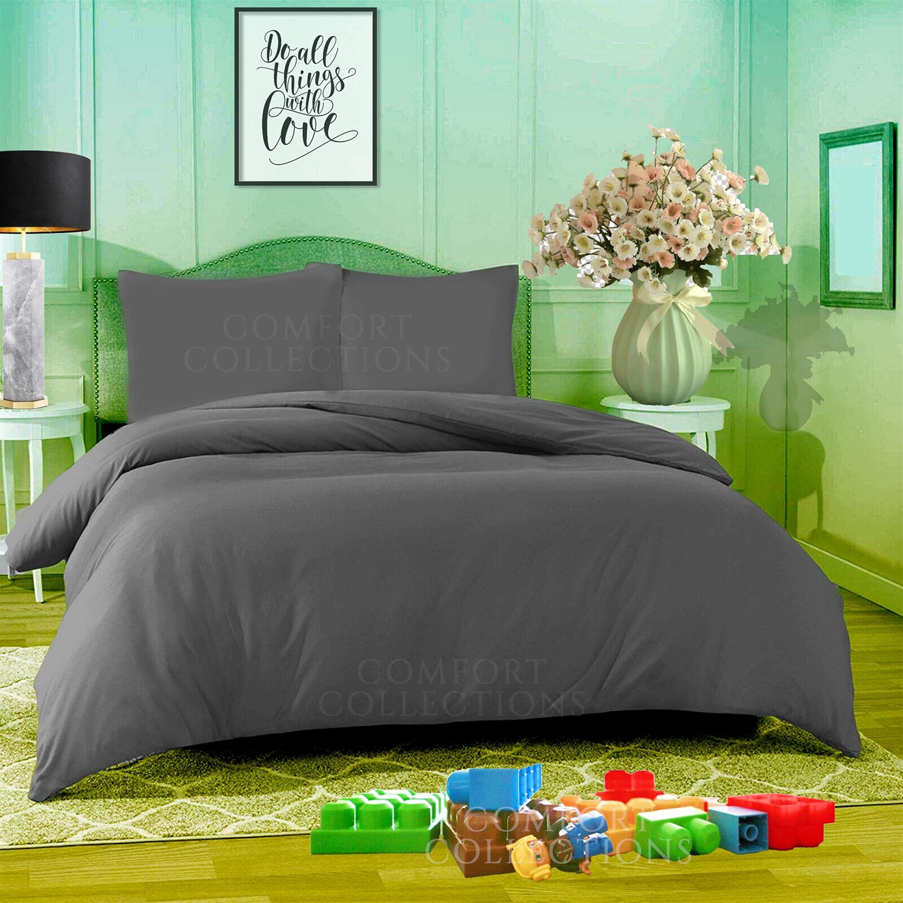 Comfort Collections Duvet Quilt Cover With Matching Pillow Cases Plain Dyed Poly Cotton Easy Care Bedding Set COLOUR GREY KING