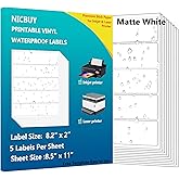 Printable Water Bottle Labels 8.2x2 inch Matte White Waterproof Vinyl Sticker Sheets 100 Pcs Blank Labels for Inkjet or Laser Printer