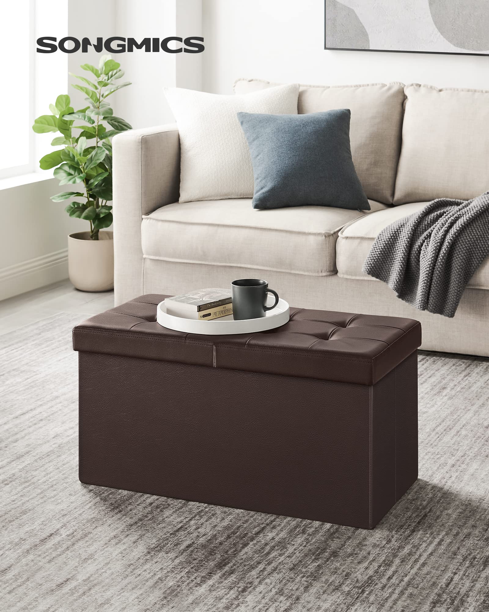 SONGMICS MAZIE Collection - 30 Inches Storage Ottoman Bench with Flipping Lid, Storage Chest Footstool, Load 660 lb, for Entryway, Living Room, Bedroom, Synthetic Leather, Brown ULSF45BR