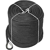 NovelBee 3/8" x 200' Double Braid Nylon Anchor Line with Stainless Steel Thimble (Black)
