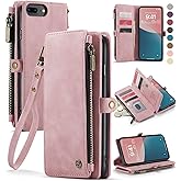 Defencase Compatible with iPhone 8 Plus/ 7 Plus Case Wallet with Card Holder for Women Men, PU Leather Magnetic Snap Flip Zipper Strap Phone Cover, Rose Pink