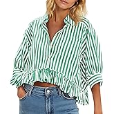 Cicy Bell Womens Cropped Striped Button Down Shirts Ruffle 3/4 Length Sleeve Summer Tops Dressy Casual Blouses