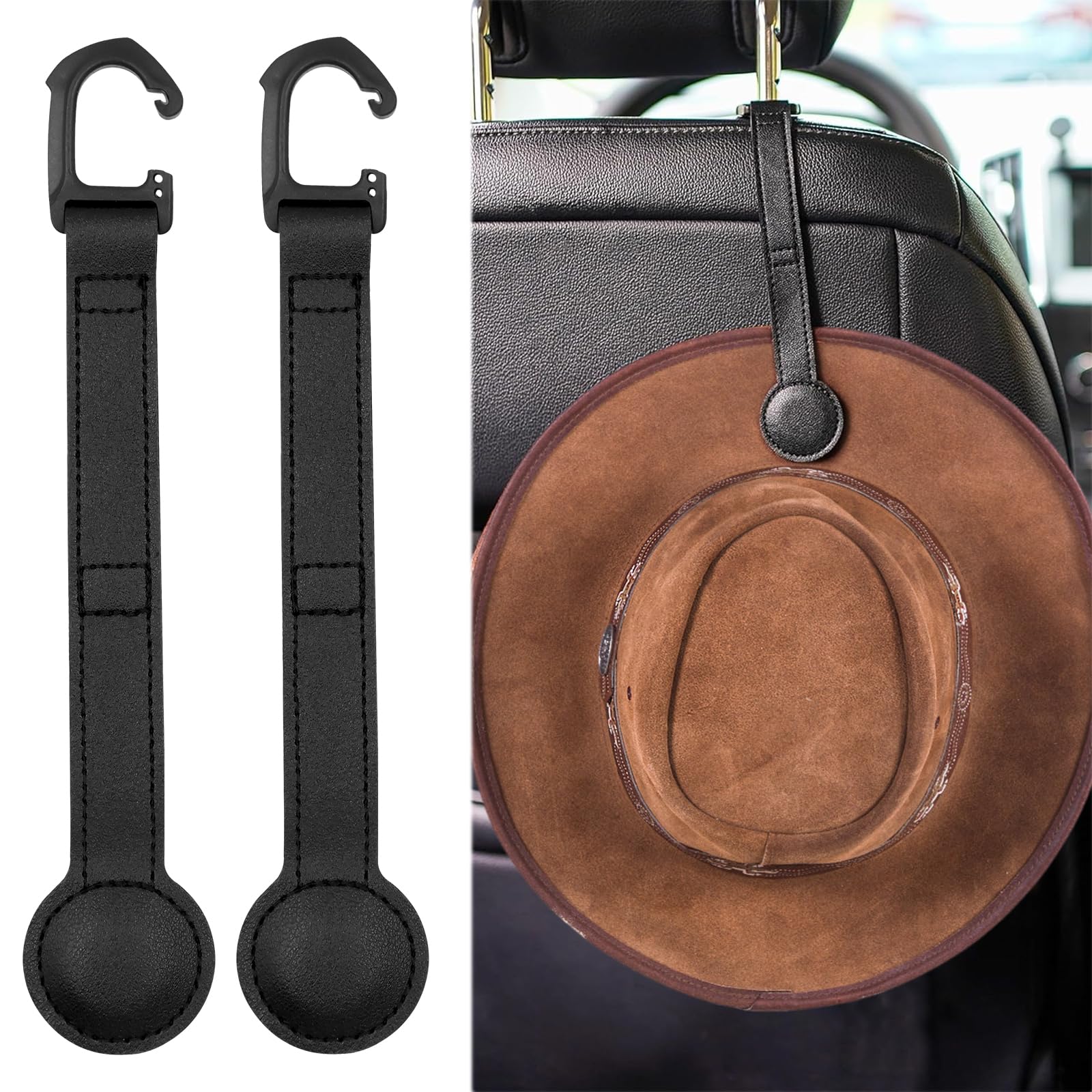 View 1 of 2 Pack Cowboy Hat Holder for Truck, Leather Magnetic Cap Clip, Truck Car Seat Hat Organizer Accessories for Men and Women, Suitable for Car, SUV, Pickup Seat Back Headrest Hat Clip Storage (Black)