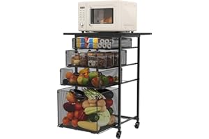 YOCIYOGA 4-Tier Rolling Kitchen Microwave Cart - Kitchen Organizer and Storage Rack with Lockable Wheels, Metal Wire Fruit Vegetable Utility Cart Rack Stand with Drawers to Storage Onions Potatoes Cans Snacks