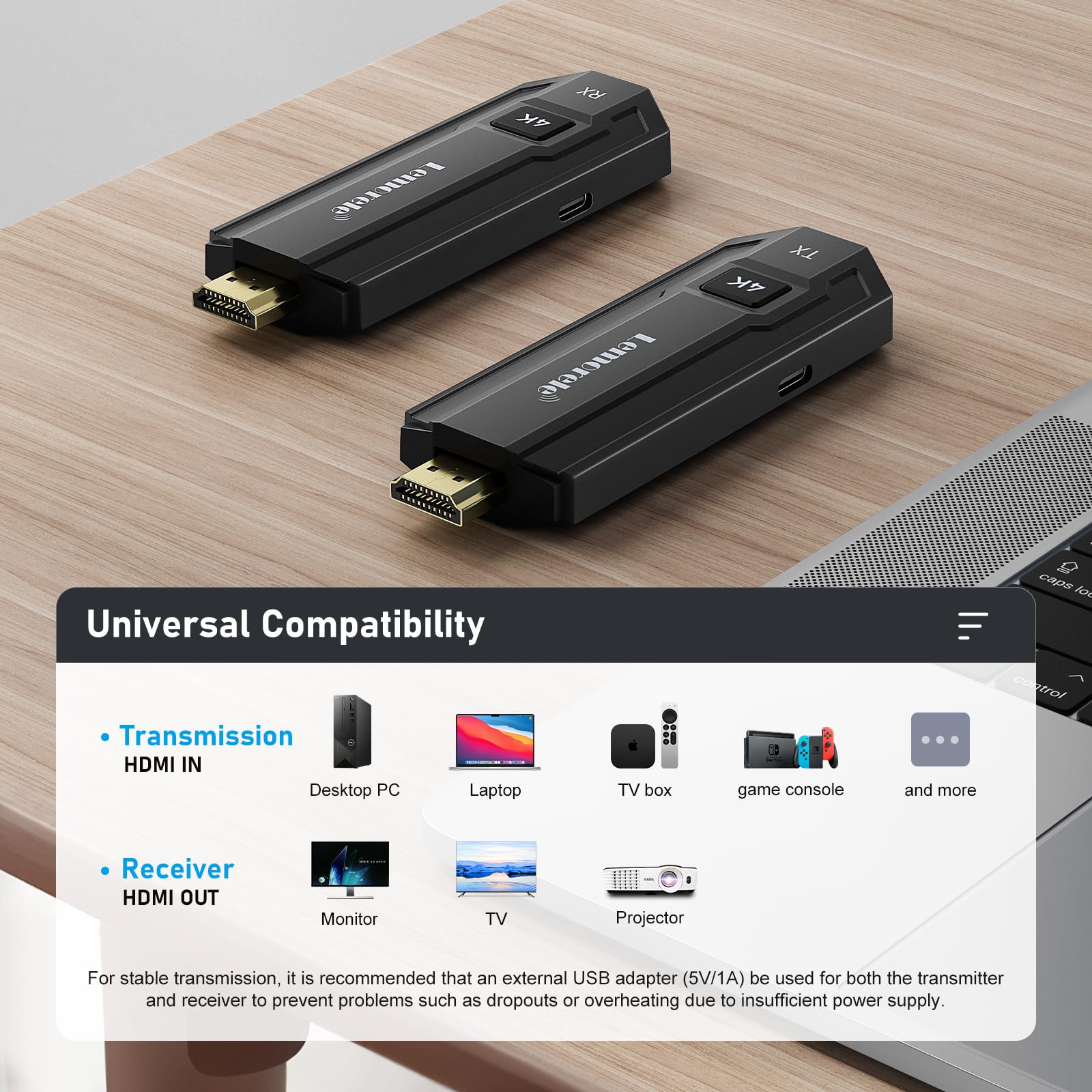 Lemorele Wireless HDMI Transmitter and Receiver Kit,Portable Wireless HDMI Extender,Plug&Play,2.4/5G 164ft Range 1080P HD,Up to 8 Transmitter,for Streaming Video&Audio to Monitor from Laptop/TV-Boxs