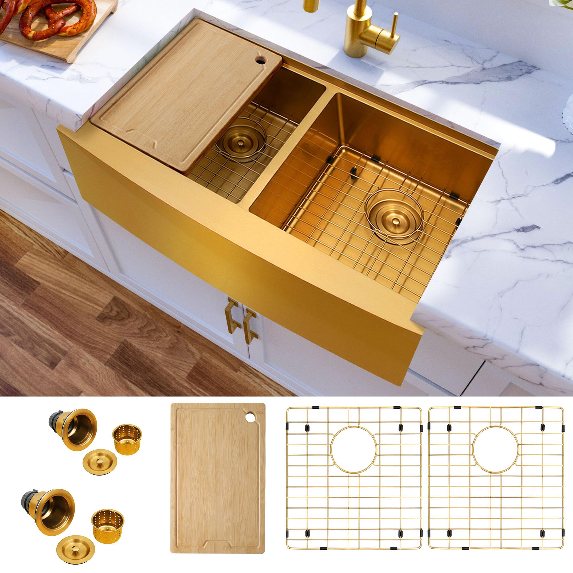 MILOSEN 33 Inch Gold Farmhouse Kitchen Sink, 50/50