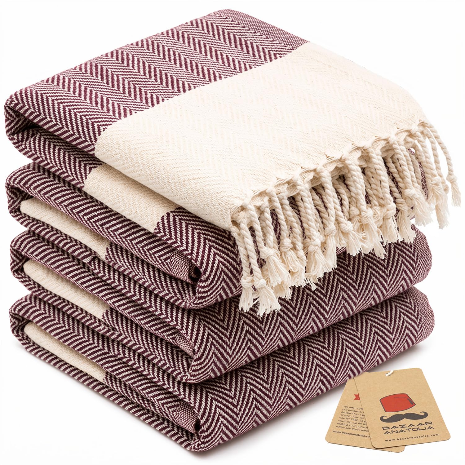 Bazaar Anatolia Hand Towels - Set of 4 | 39" x 19" - Decorative Turkish Hand Towel for Bathroom, 100% Cotton, Kitchen, Face, Hair, Tea, Dishcloth, Burgundy Guest Towels - Herringbone Maroon