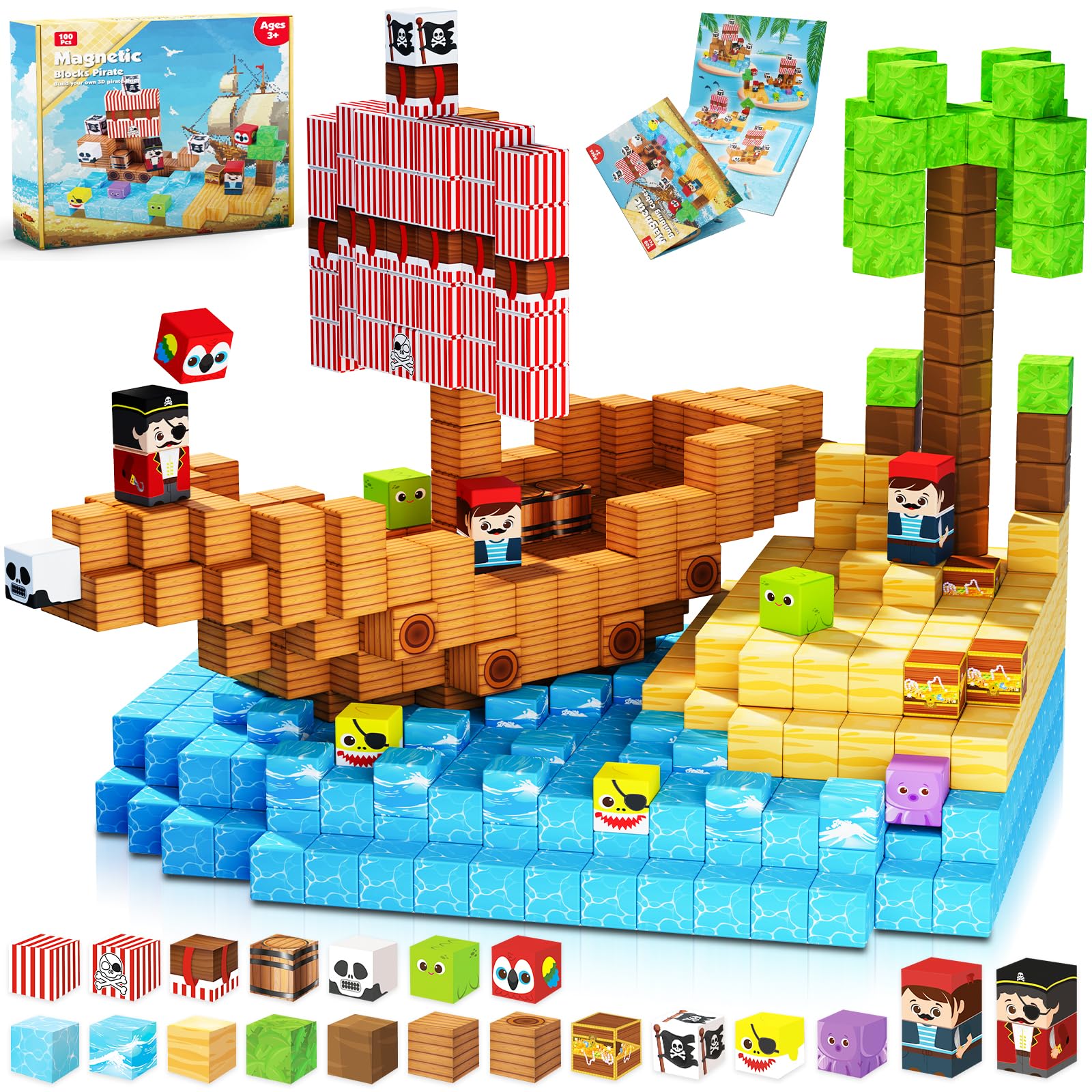 ToyUnited Magnetische Bausteine Magnetbausteine 100 Teile - Piratenschiff mit Schätzen | Abenteuer auf hoher See | Magnetic Building Blocks als Kreatives Kinderspielzeug Geschenk ab 4 Jahren