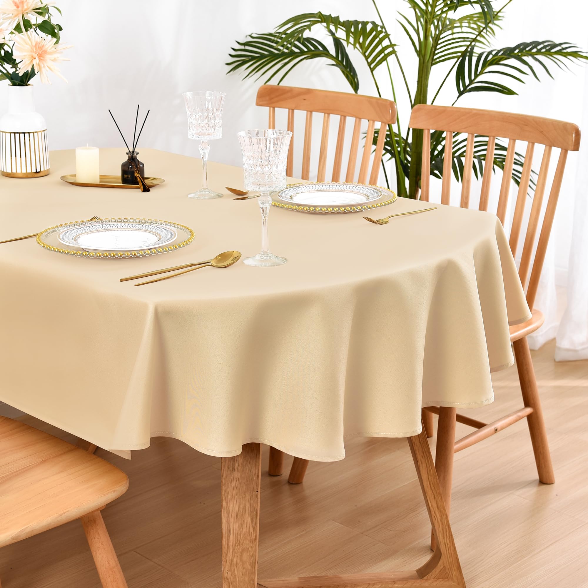 Wolkemer Oval Tablecloth 60 x 102 Inch Washable Fabric Table Cloth Solid Beige Table Cover for Dining Wedding Party Banquet Tabletop Decoration (WKM_PWZB)