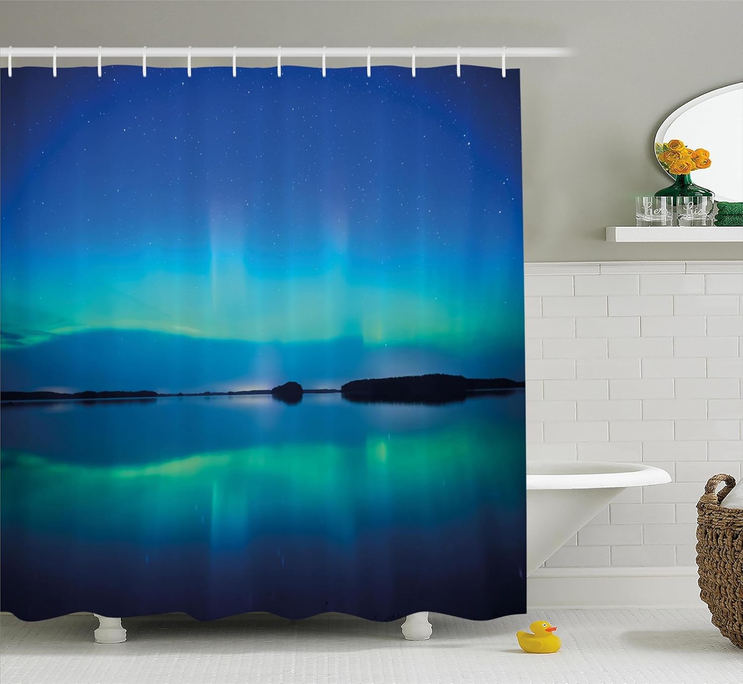 Ambesonne Northern Lights Shower Curtain, Unusual Sky Scenery Over Calm Serene Lake
