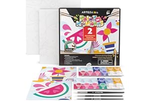 Arteza Kids Paint by Numbers Kit, 10 x 10 Inches, Decorative Pre-Printed Canvas Painting Kit with 2 Canvases, 24 Acrylic Paint Pots, 3 Paintbrushes