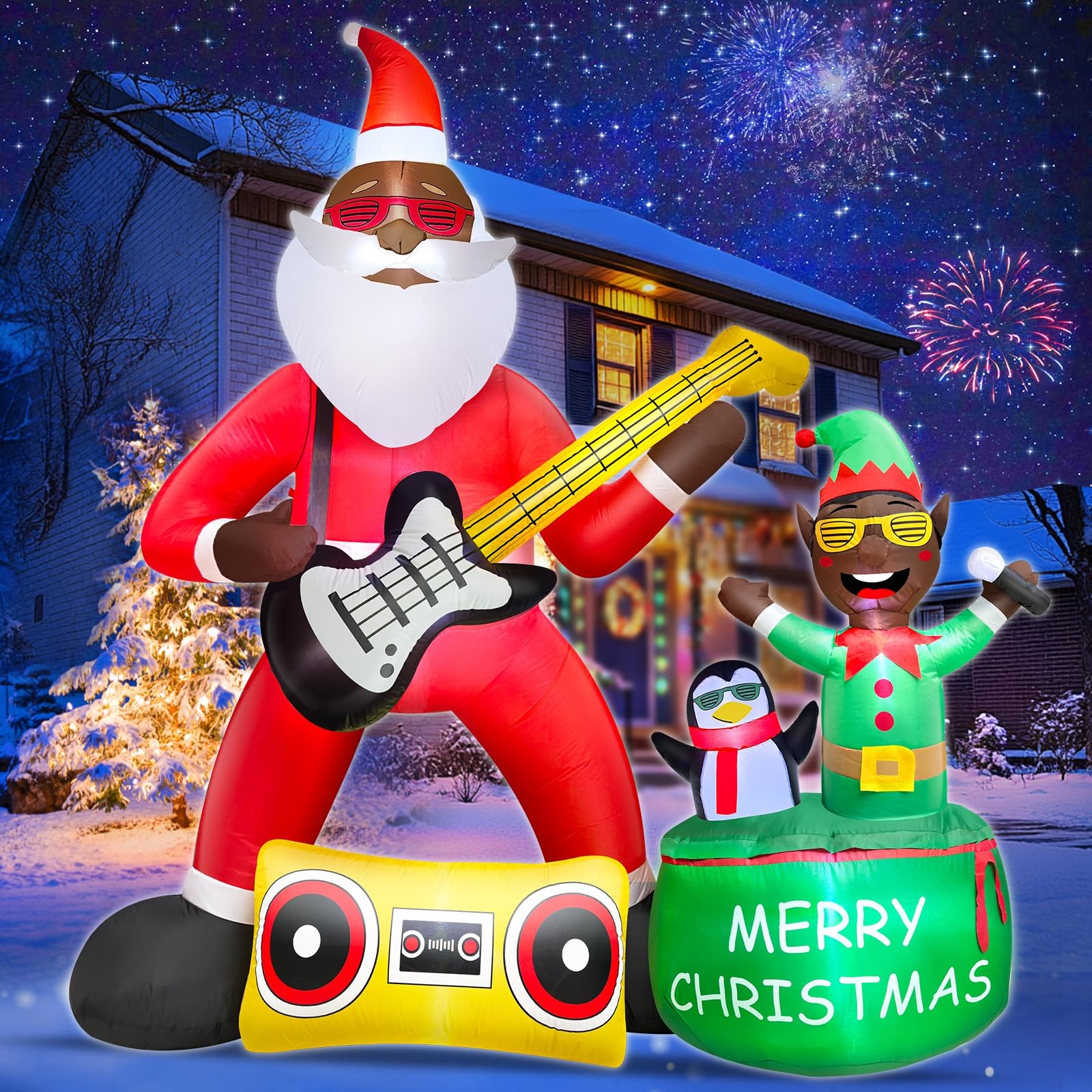 Photo 1 of AMENON 8 Ft by 7.8 Ft Giant Guitar Black Santa Inflatables Christmas Decorations Outdoor with Gift Bag Penguin & Elf Built-in LED Lights 7 Stakes 2 Sandbags Blow up Yard Decor for Xmas Outdoor Party