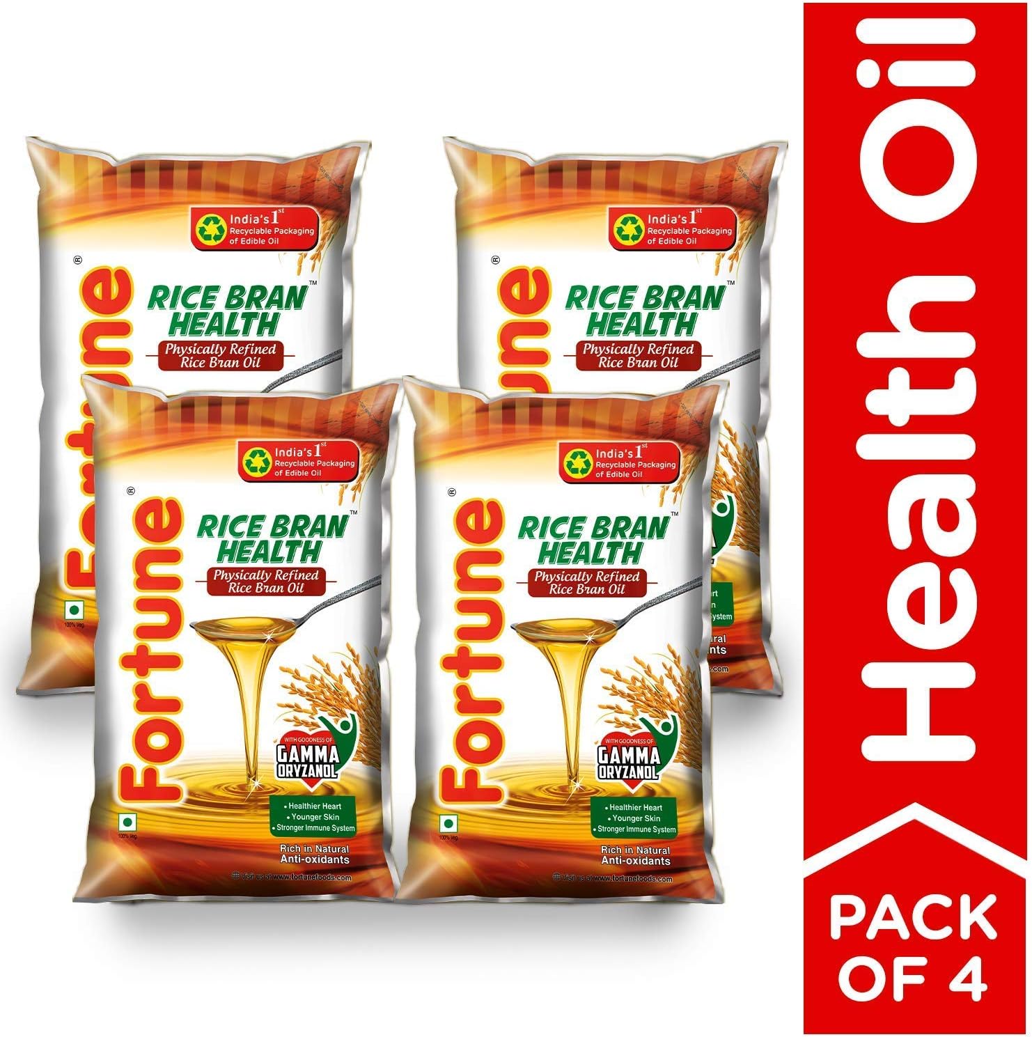 Fortune Rice Bran Health Oil, 1 L (Pack of 4) Delsheaven