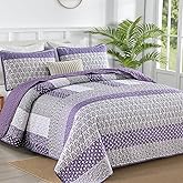 WONGS BEDDING Purple Quilt King Size, Bohemian Stripe Quilt Sets 3 Pieces Boho Quilted Bedspread Set Lightweight Microfiber Coverlet Bedding Set All Season (104"x90")