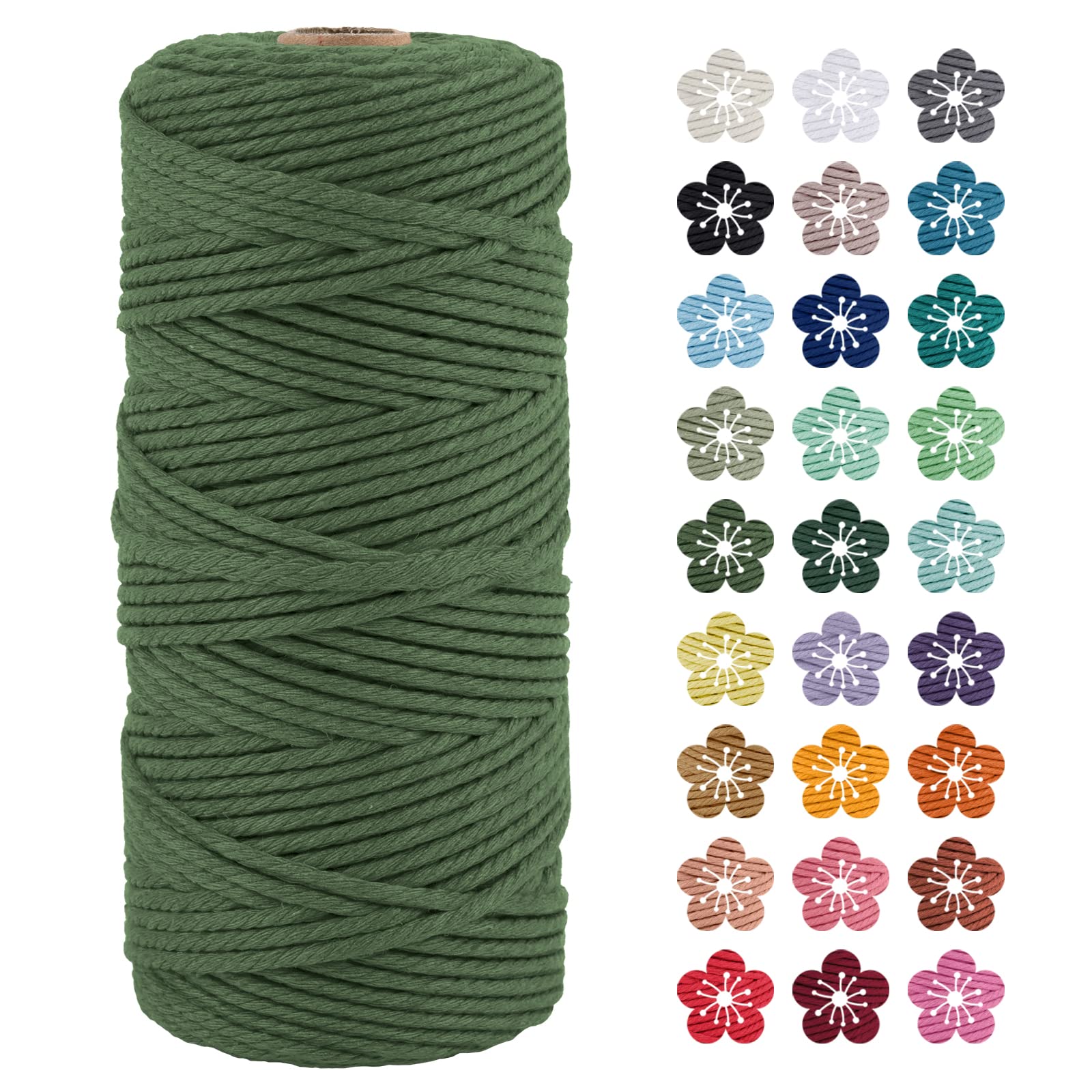LEREATI Macrame Cord 3mm x 100m, Thick Macrame Rope Natural Cotton Rope Craft String, 4 Strand Twisted Cotton Cord Yarn for DIY Plant Hanger, Wall Hanging, Christmas Decoration (Army green)