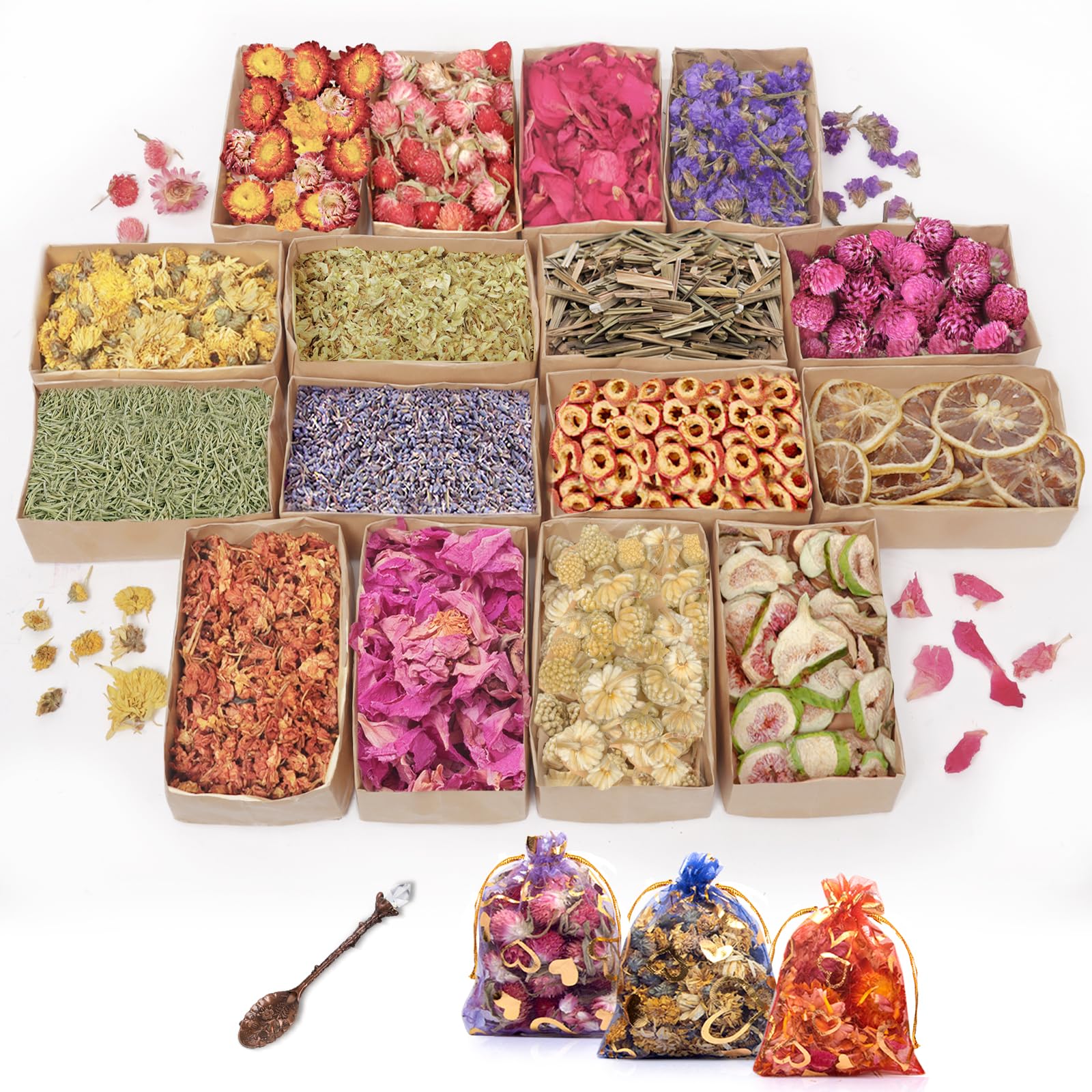 Photo 1 of 16 Bags Dried Flowers - Natural Dried Herbs Kit for Soap Making, DIY Candle, Resin Jewelry Making, Bath, Witch - Bulk Flowers Include Rose Petals, Lavender, Lemon, Don't Forget Me, Rosemary, and More