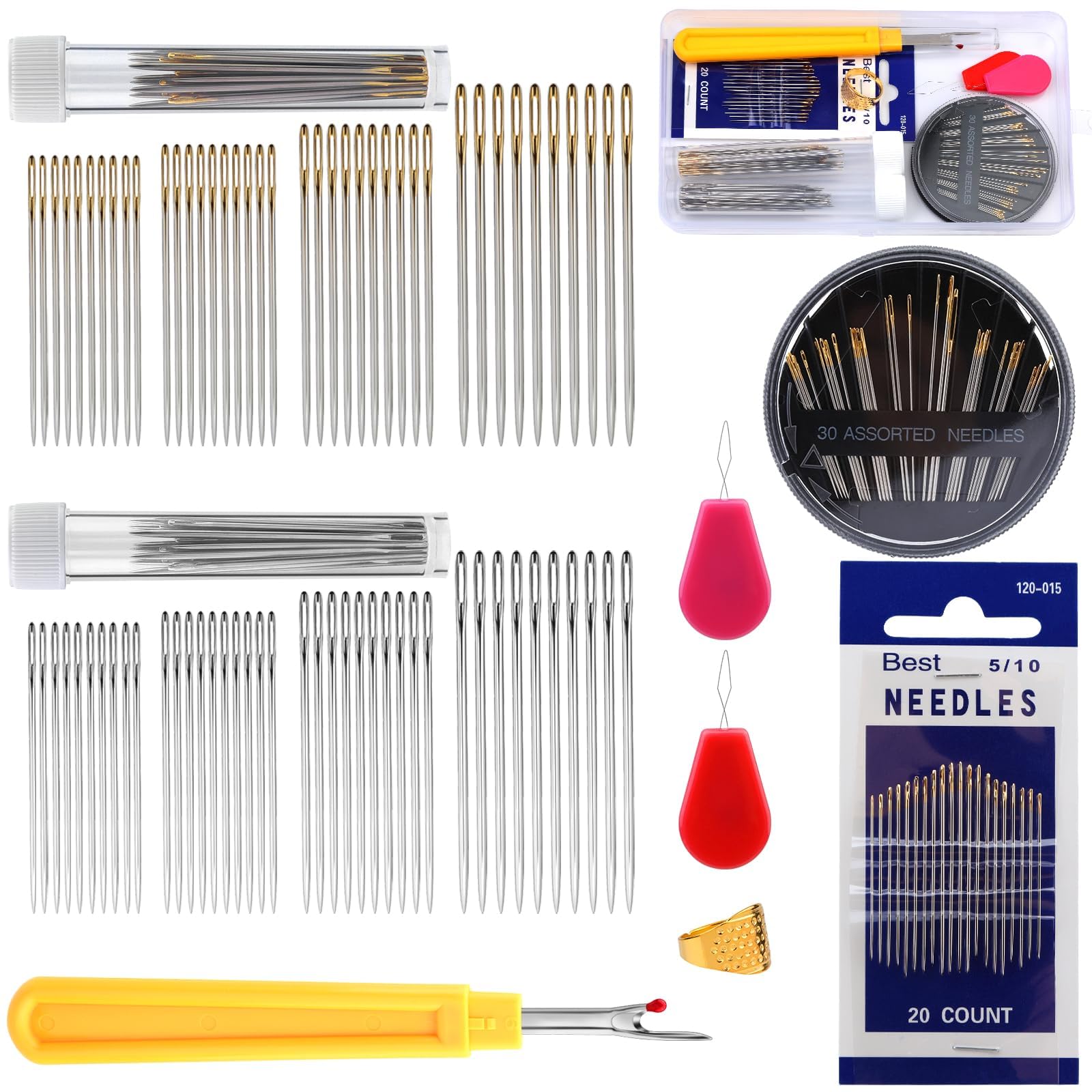 ENCHOL Hand Sewing Needles, 137Pcs Large Eye Sewing Needle Set, Large Eye Stitching Needles, Embroidery Needles with Needle Threaders, Stitch Remover & Thimble, Bottle Included