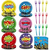96Pcs Super Theme Hero Party Plates and Napkins Forks for Comic Heroes Birthday Decorations Hero's Action Sign Cityscape Buildings Tableware Set for 24 Guests Birthday Party Supplies Favors