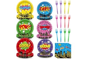 CHUNNIN 96Pcs Super Theme Hero Party Plates and Napkins Forks for Comic Heroes Birthday Decorations Hero's Action Sign Cityscape Buildings Tableware Set for 24 Guests Birthday Party Supplies Favors