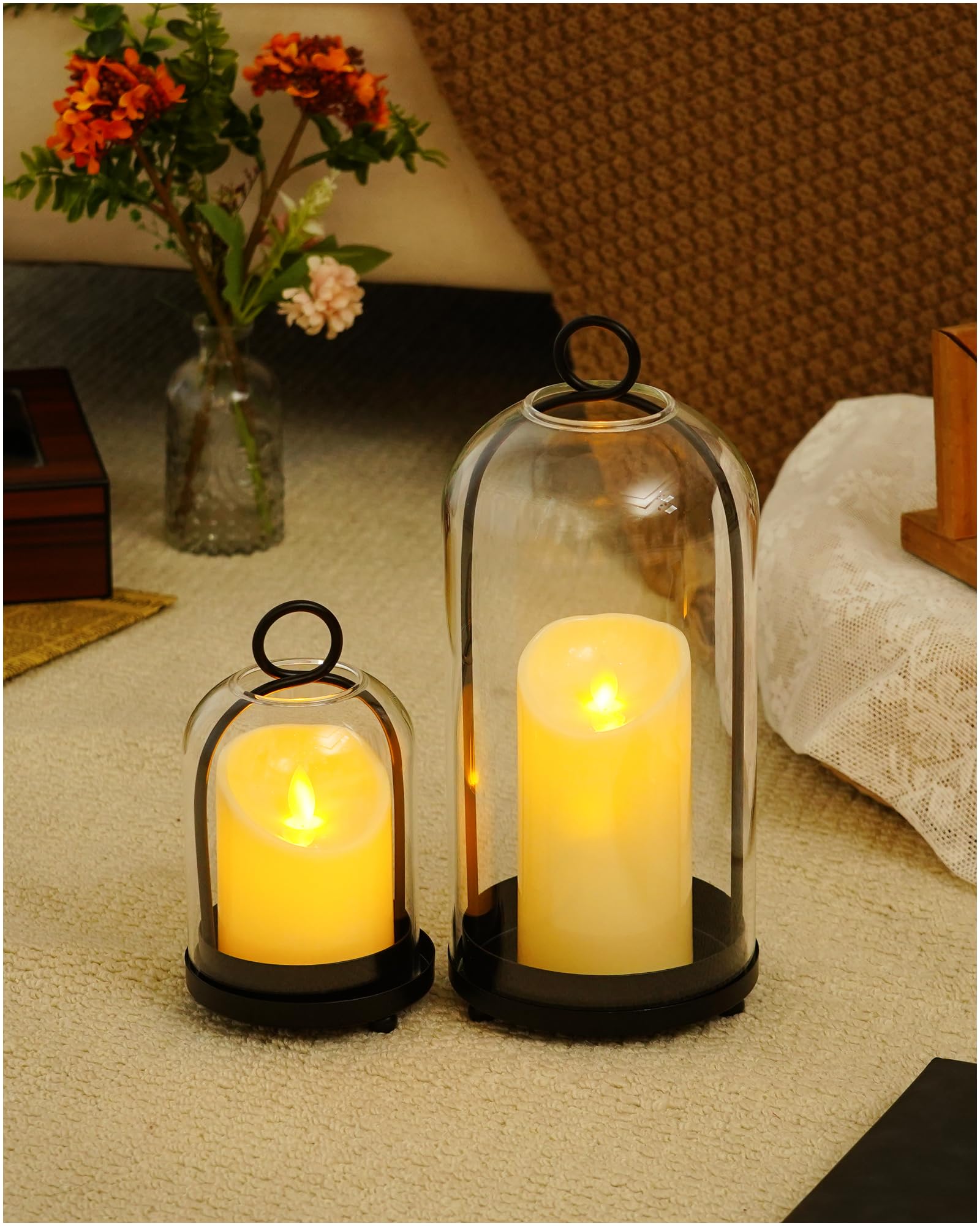 Photo 1 of Looscentt Glass Hurricane Candle Holders for Pillar Candles, Set of 2 (5" & 4" Wide) with Sturdy Glass Dome & Brass Base for Farmhouse, Shabby Chic Vintage Decor (Matte Black)