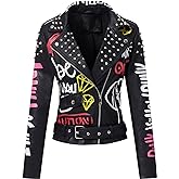 Bellivera Faux Leather Jacket for Women Studded Rivet Floral Moto Biker Short Lapel Coat