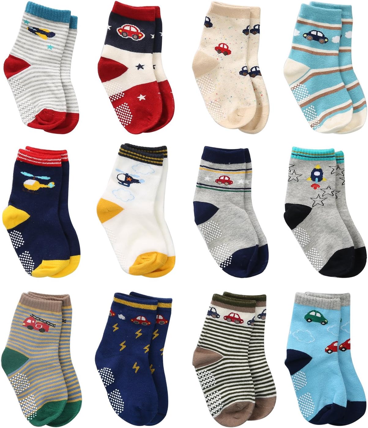 12 Pairs Toddler Boy Non Skid Socks Cute Cotton with Grips, Baby Boys Anti-skid Socks