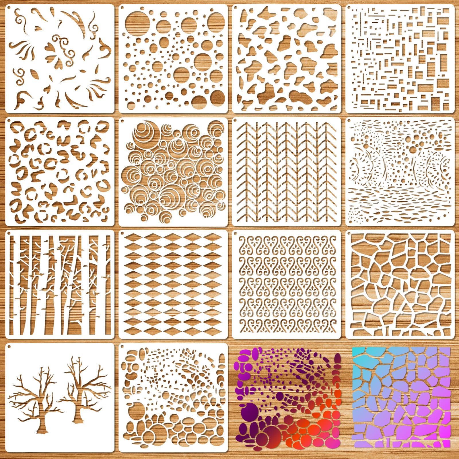 JSRQT 14 Pcs Media Layering Stencils,Leopard Spirals Cubist Geometric Aspen Trees Branches Patterns Painting Stencils Templates for Canvas Arts Journaling Scrapbooking Card Making