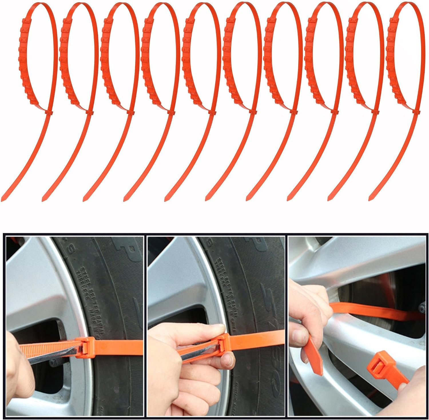 OFKP 10 Pcs General Nylon Anti-slip Car Snow Chain, Snow Chains Tire Cable Tie for Offroad Outdoor Travel and Snow(Orange) - Image 4