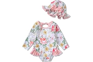 SUNNY PIGGY Baby Girls One Piece Swimsuit Long Sleeve Floral Bathing Suit+Hat 2Pcs