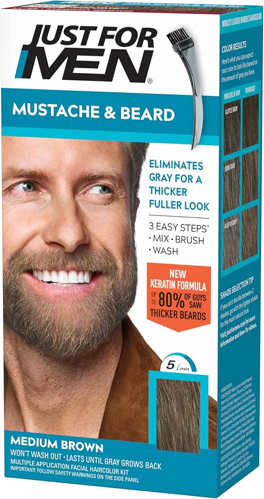 JUST FOR MEN Mustache & Beard Dye, Keratin, Medium Brown M-35 (1 Pack) | Mustache & Beard color medium brown designed for fac