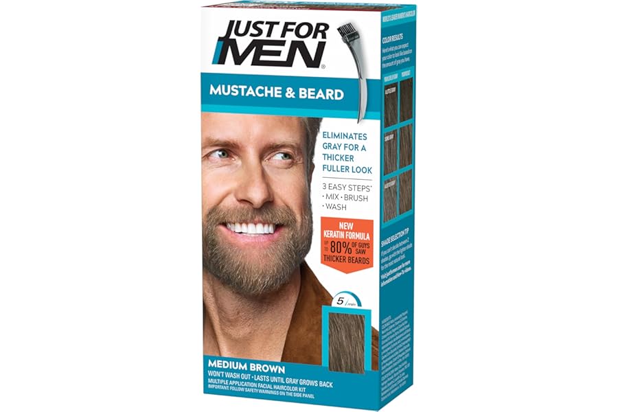 Just For Men Mustache & Beard, Beard Coloring for Gray Hair with Brush, with Keratin Biotin Aloe and Coconut Oil for Healthy Facial Hair – Medium Brown, M-35, Pack of 1 (Packaging May Vary)