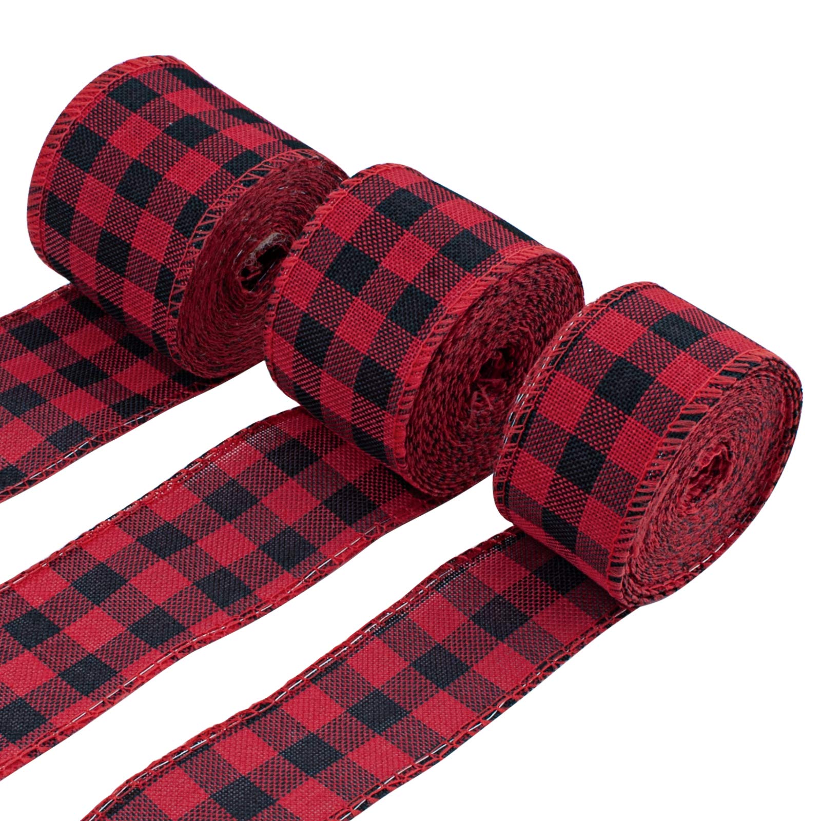 WANDIC Christmas Wired Edge Ribbons, 3 Rolls Black Red Plaid Ribbon for Gift Wrapping Floral Bows Craft Christmas Tree Decoration, 6 Meters/Roll