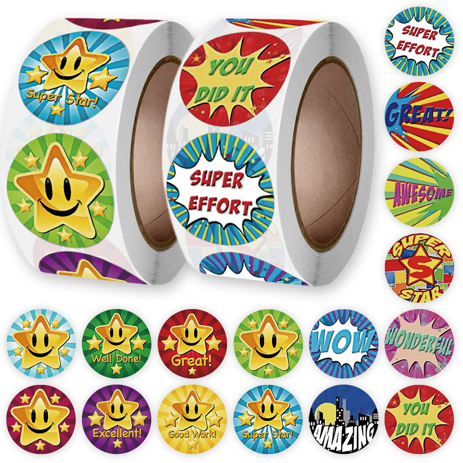 ExceLife 1000 Pcs Reward Stickers for Kids, Star Style, Paper Material, Cartoon Style, Self-Adhesive, Indoor Use, Stickers