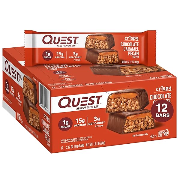 QUEST NUTRITION CRISPY CHOCOLATE CARAMEL PECAN HERO PROTEIN BAR, 15G PROTEIN, 1G SUGAR, 3G NET CARB, GLUTEN FREE PROTEIN SNACK, KETO FRIENDLY, 12 COUNT