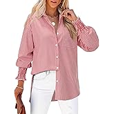 Gleeivy Womens Oversized Button Down Shirts Striped Smocked Cuff Long Sleeve Fall Blouses with Pocket Casual Collar Work Tops