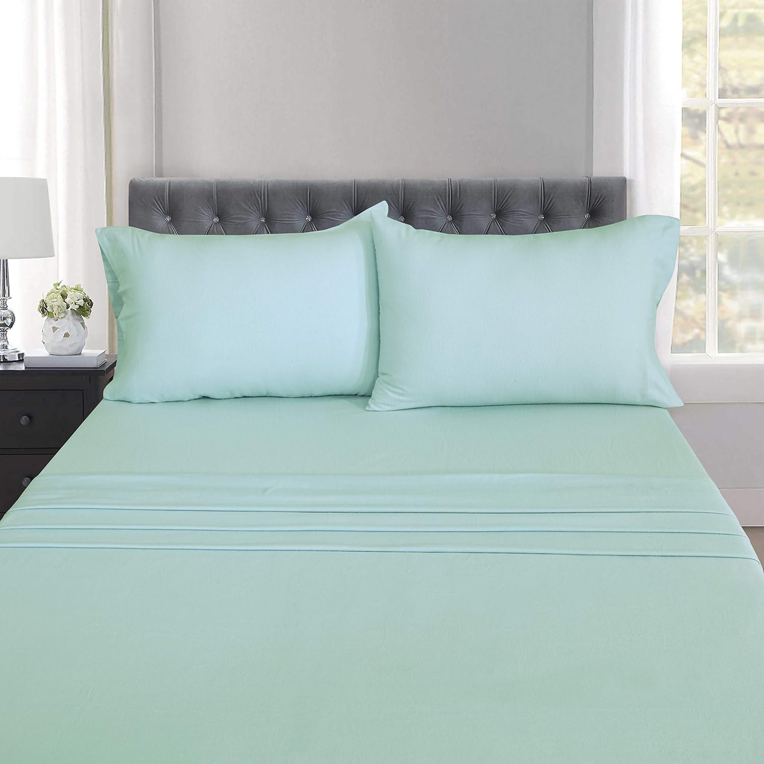 Ruvanti 100% Cotton 4 Piece Flannel Sheets King-Deep Pocket-All Seasons-Warm-Super Soft-Green-Breathable & Moisture Wicking Flannel Bed Sheet King Include Flat, Fitted Sheet & 2 Pillowcases: Home & Kitchen