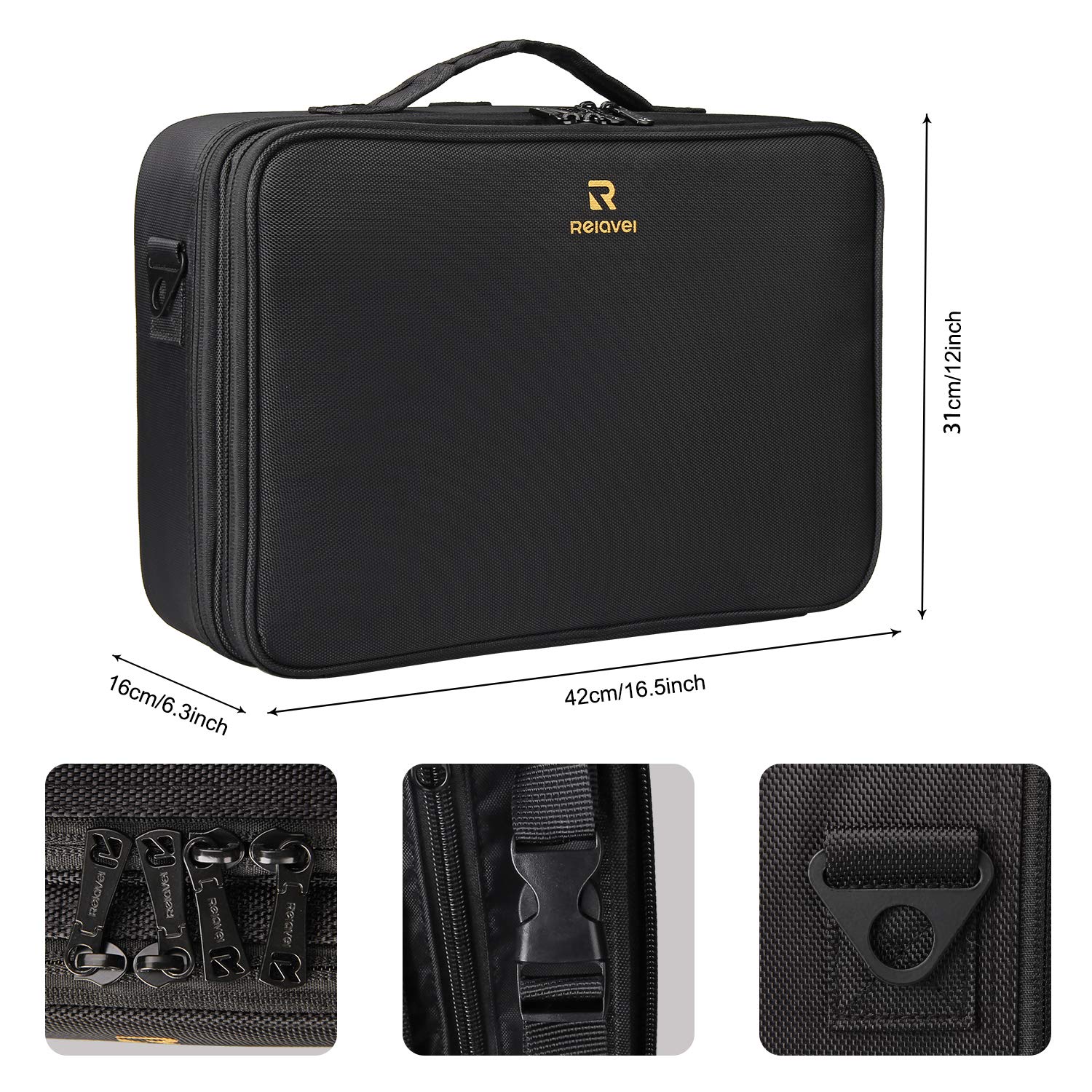 Relavel Professional Makeup Train Case Cosmetic Bag Brush Organizer and Storage 16.5" Travel Make Up Artist Box 3 Layer Large Capacity with Adjustable Strap (Black) : Beauty
