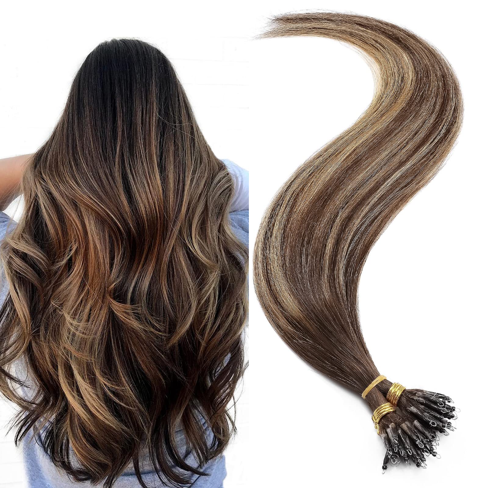 Nano Tip Pre Bonded Nano Ring Extensions 20inch 1g/s 50 strands Nano Ring 50g 100% Real Remy Human Hair Keratin Bondings #4T4P27 Brown Balayage Ombre Dark Blonde With Nano Beads Cold Fusion 50 Strands