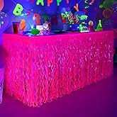 Mega-L Glow in The Dark Party Supplies, 2 Pack Neon Party Decorations Fluorescent Macaron Fuchsia Wavy Metallic Tinsel Foil Fringe Table Skirts, Perfect Table Decors for Glow Birthday New Year Decor