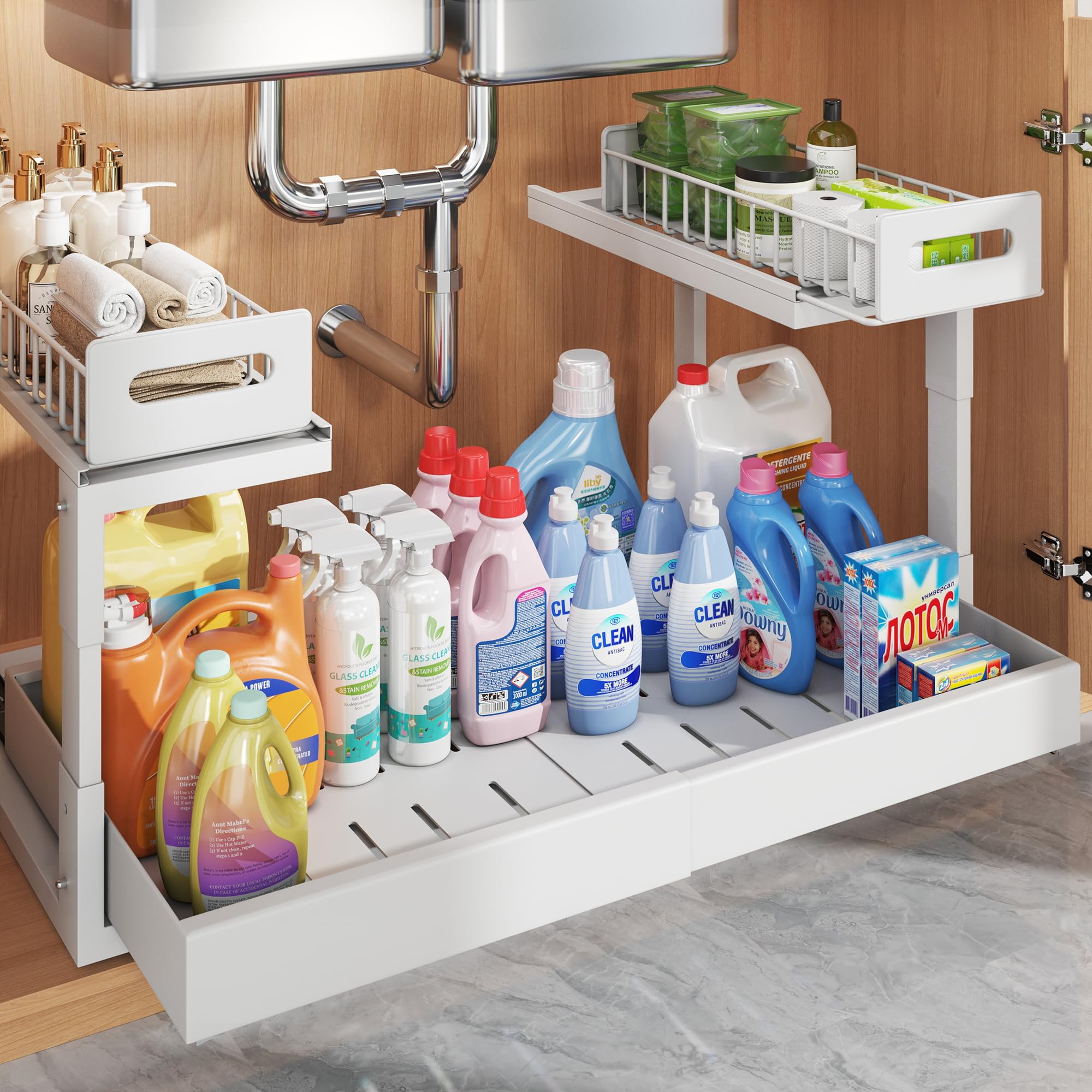 Photo 1 of 1 Pack-15.7"-25.7"W Expandable Under Sink Organizer With Upgrade Ball-Bearing Slide,2-Tier Pull Out Under Cabinet Organizer Height Adjustable,Not Suitable For Cabinets With Partitions In The Middle