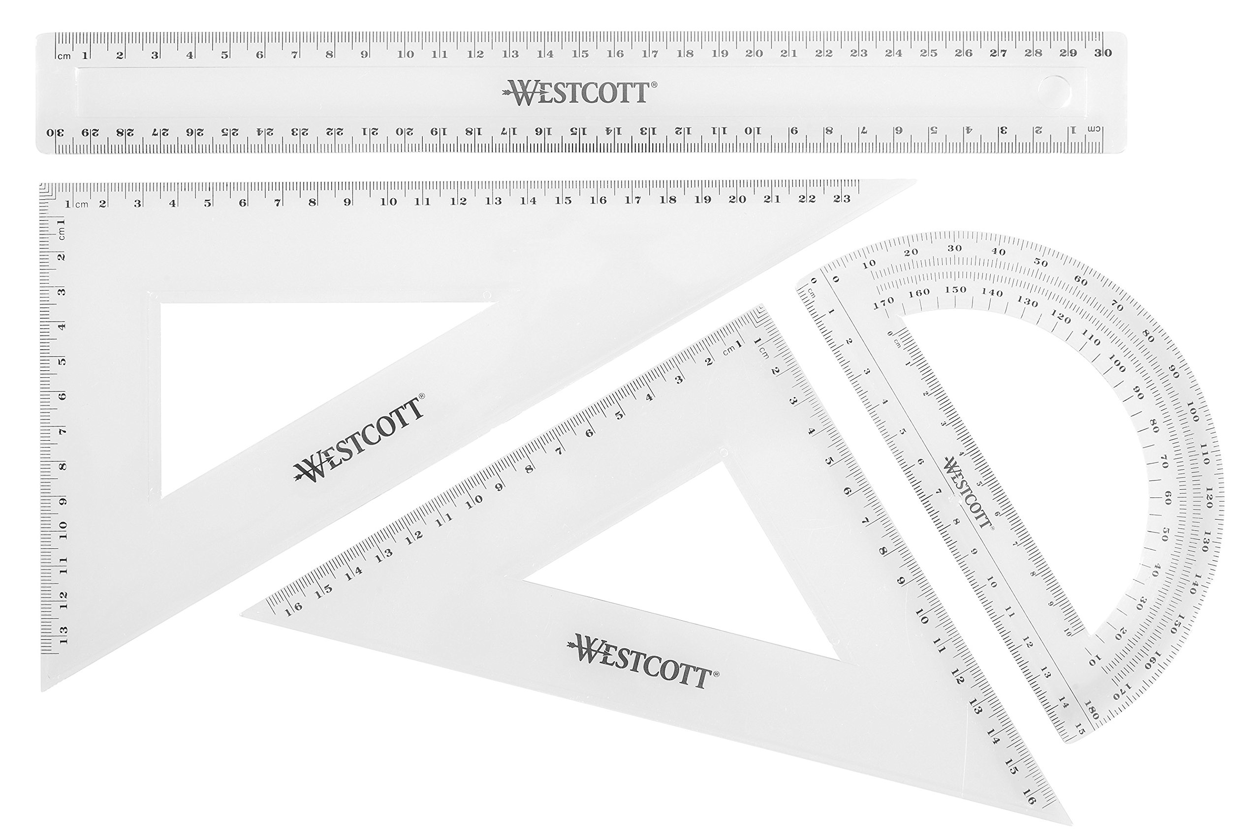 Westcott Geometry Set, 4 Pieces | Math Set with 30 cm Ruler, 45° and 60° Set Squares, 180° Protractor | Transparent Plastic | Ideal for School, University and Office use | E-10304 00
