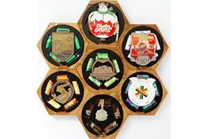 JupDec Medal Hanger Display Honeycomb Wooden Hexagon for Wall, with Strong Magnets & Black Round Iron Medal Holder for Sports Marathon Gymnastics, 7 Pack