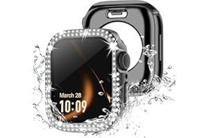 Missair [2 in 1] Waterproof Bling Case for Apple Watch 44mm Series 6 5 4 SE, iWatch Full Protective Cover with Tempered Glass Screen Protector, Front & Back Bumper with Diamonds Rhinestone for Women