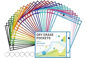 PSEUTIO 30 Packs Dry Erase Pockets Reusable Dry Erase Pocket Sleeves 10 * 14 Inches Heavy Duty Clear Plastic Sheet Protectors with Rings for Teacher School Classroom Supplies