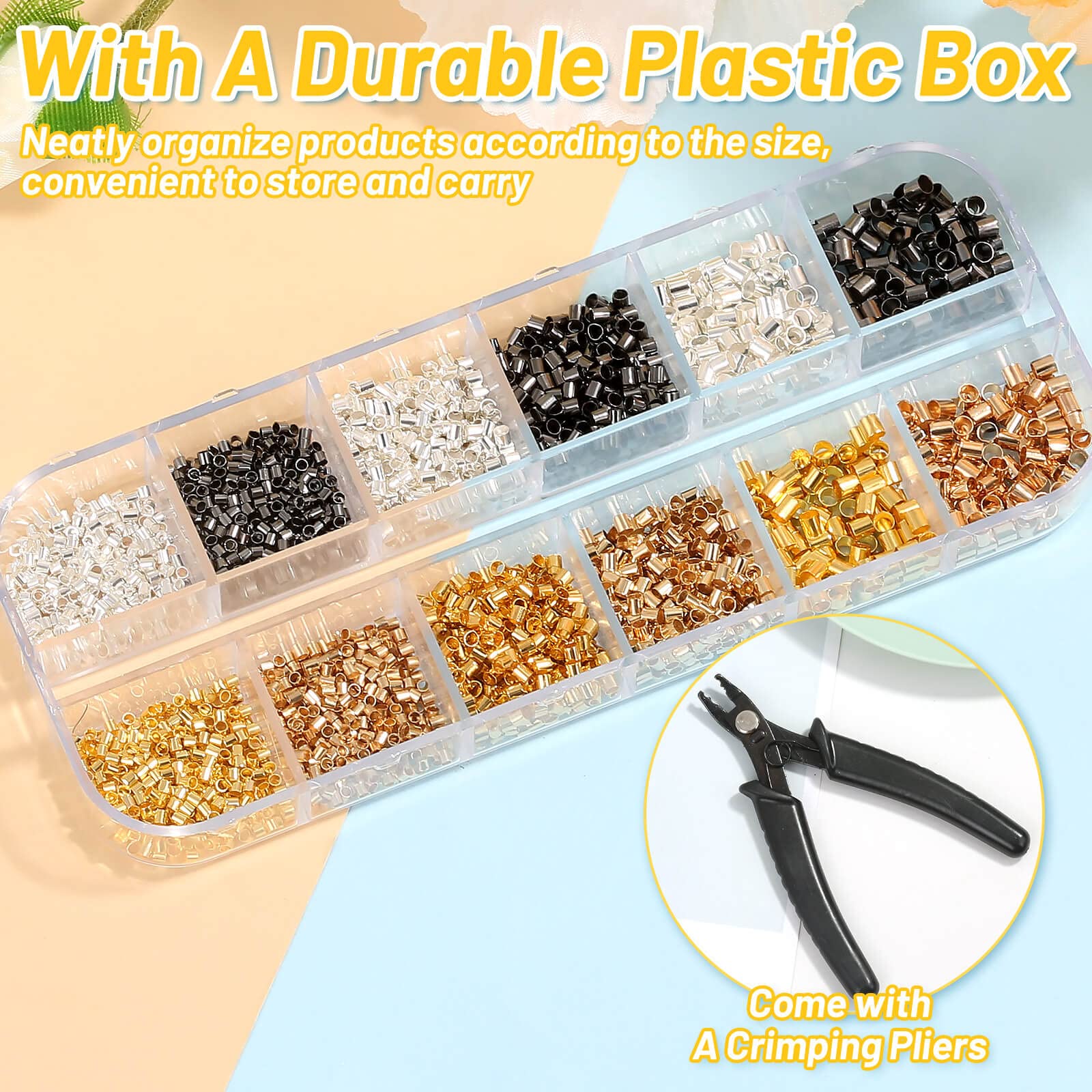 Thrilez Crimping Beads for Jewelry Making, 2200 Pieces Crimp Tubes with Crimping Pliers for Earring Necklace Bracelet DIY Jewelry Making(3 Sizes, 4 Colors)